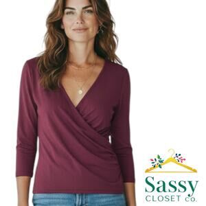 Soft Surroundings Purple Faux Wrap 3/4 Sleeve Ruched Top XL Petite EUC